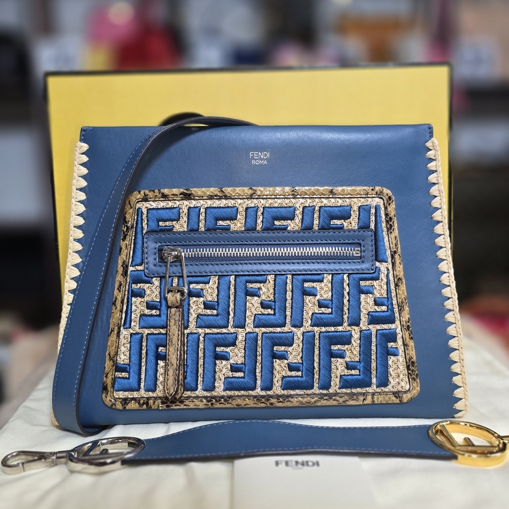 Fendi Small Runaway Bag in Blue Leather with a Raffia Zucca Pattern Panel